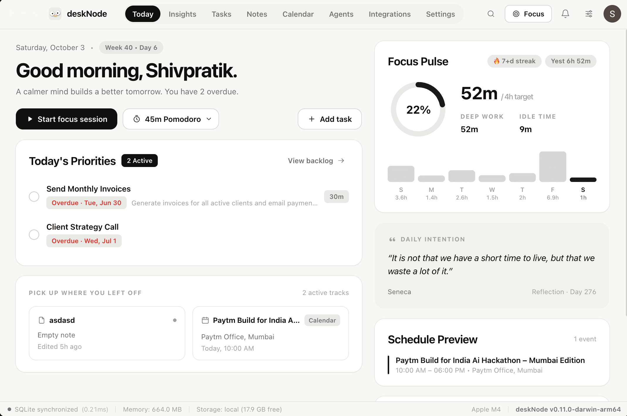 deskNode's Today screen: today's priorities, a Focus Pulse ring at 22% of a four-hour target, and the day's schedule.